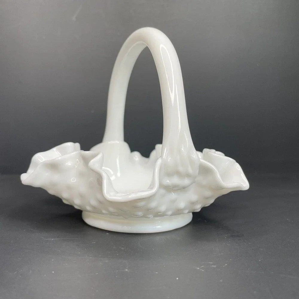 Vintage Fenton‎ Ruffle Hobnail White Milk Glass Basket With Applied Handle